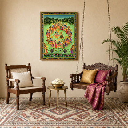 Experience the captivating charm of 'Divine Dance', a Pichwai artwork that beautifully captures for Sitting Lounge