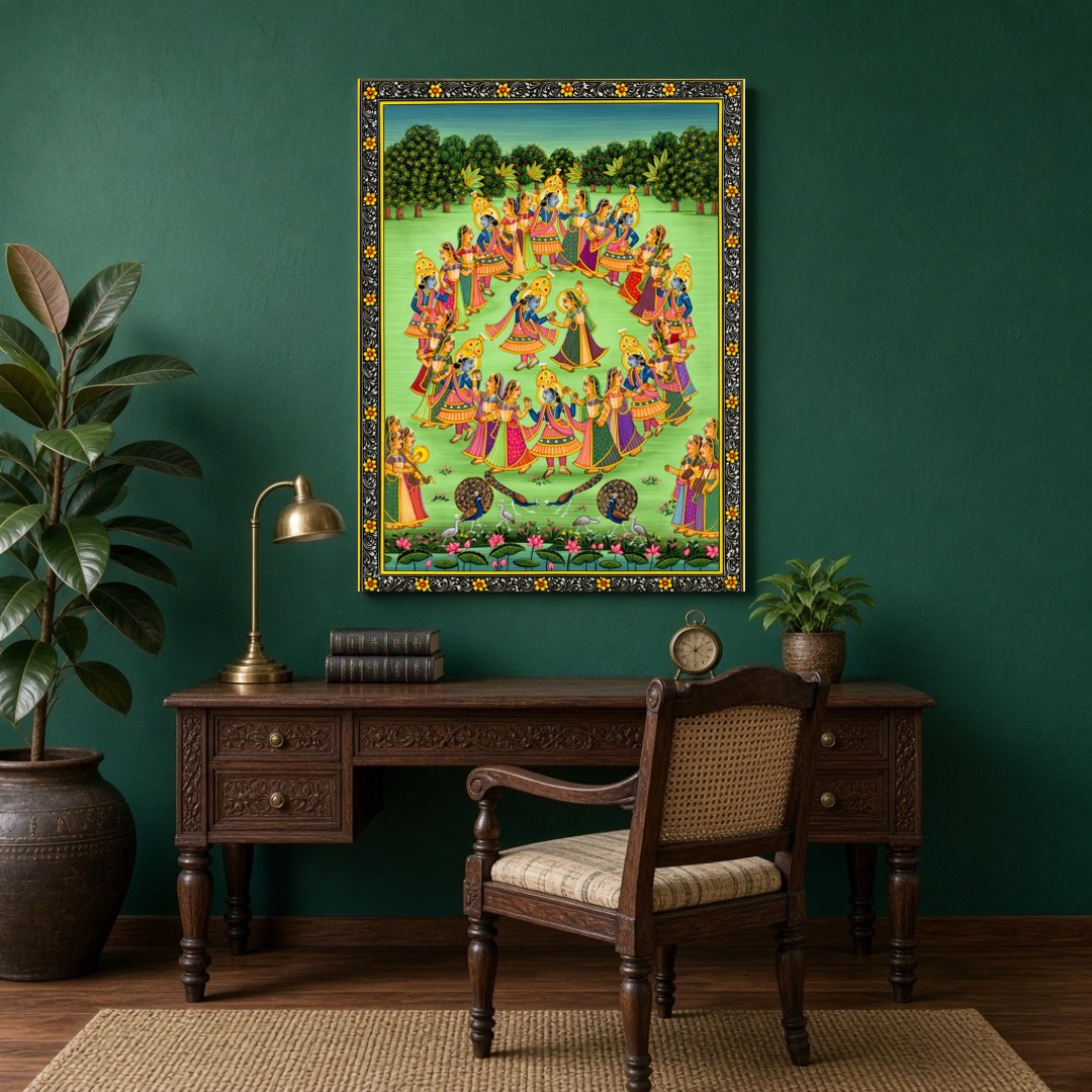 Experience the captivating charm of 'Divine Dance', a Pichwai artwork that beautifully captures for Study
