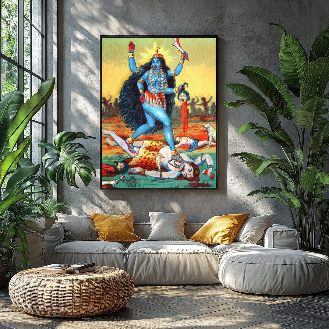 This vibrant artwork captures the powerful presence of Goddess Kali, depicted in bold hues and for Balcony