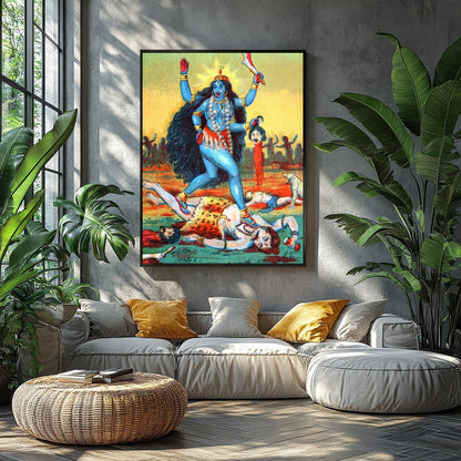 This vibrant artwork captures the powerful presence of Goddess Kali, depicted in bold hues and for Balcony