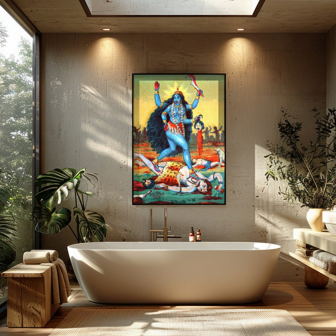 This vibrant artwork captures the powerful presence of Goddess Kali, depicted in bold hues and for Bathroom
