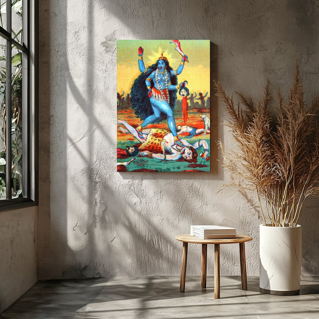 This vibrant artwork captures the powerful presence of Goddess Kali, depicted in bold hues and for Entrance