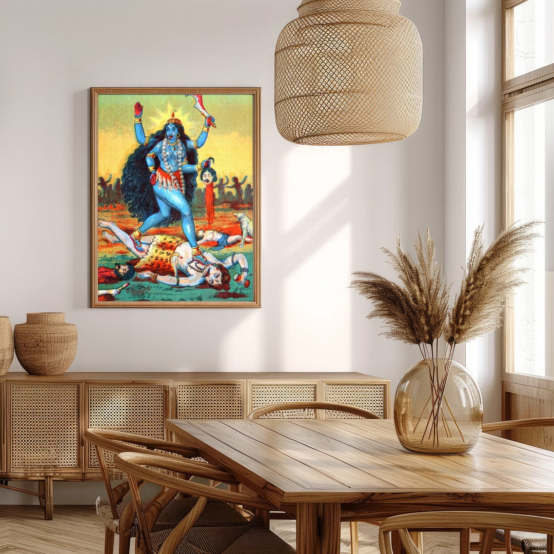 This vibrant artwork captures the powerful presence of Goddess Kali, depicted in bold hues and for Extra Kitchen