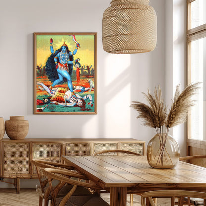 This vibrant artwork captures the powerful presence of Goddess Kali, depicted in bold hues and for Extra Kitchen