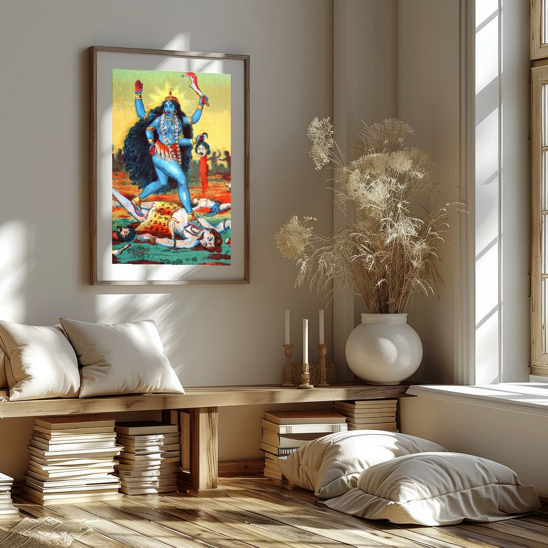 This vibrant artwork captures the powerful presence of Goddess Kali, depicted in bold hues and for gallery