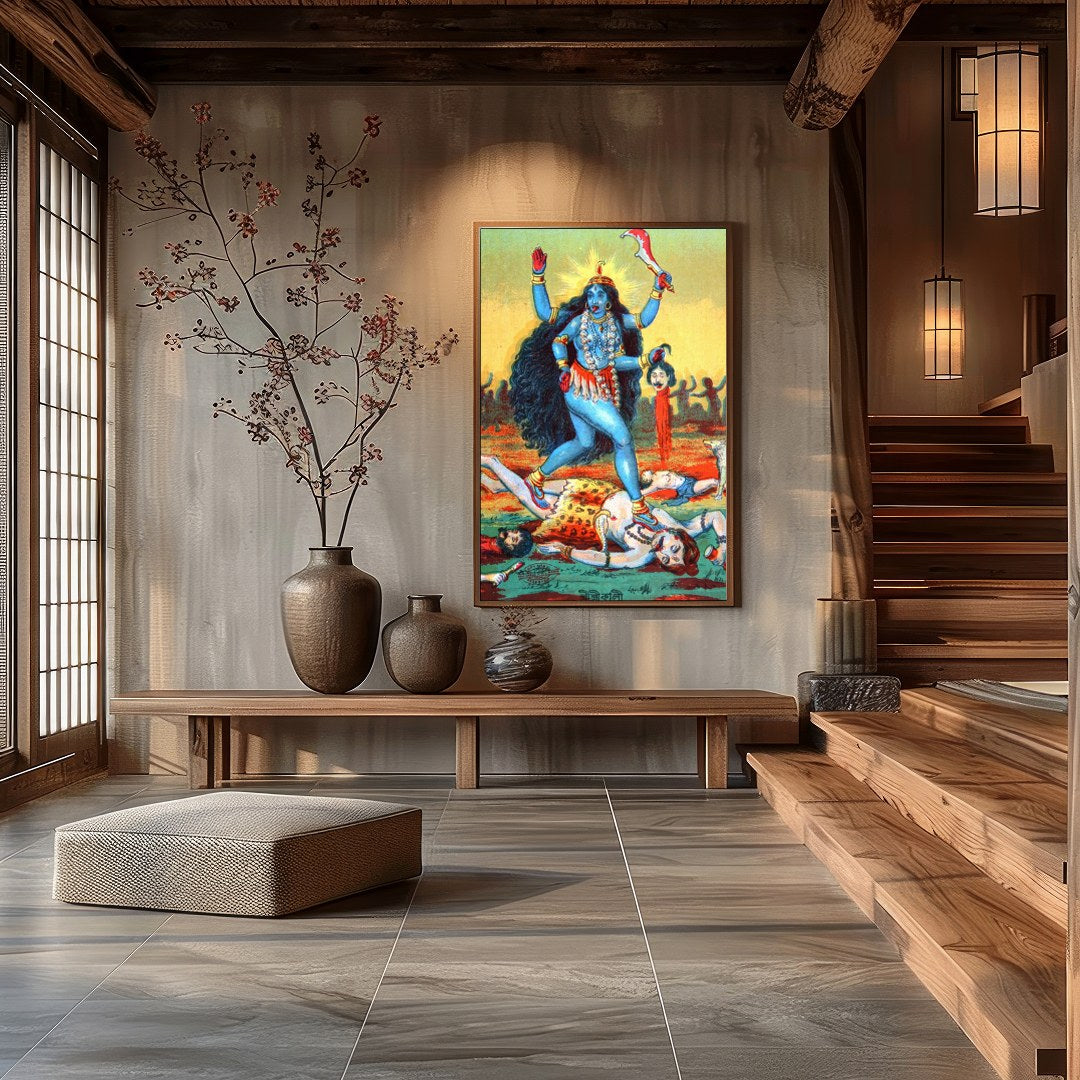 This vibrant artwork captures the powerful presence of Goddess Kali, depicted in bold hues and for Hall