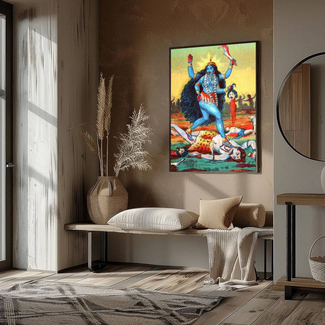 This vibrant artwork captures the powerful presence of Goddess Kali, depicted in bold hues and for haven