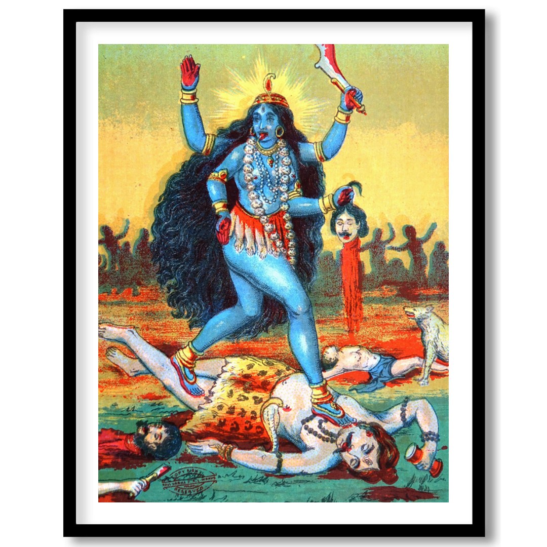 This vibrant artwork captures the powerful presence of Goddess Kali, depicted in bold hues and for kitchen