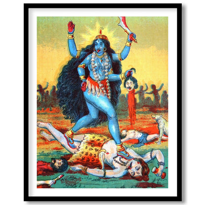 This vibrant artwork captures the powerful presence of Goddess Kali, depicted in bold hues and for kitchen