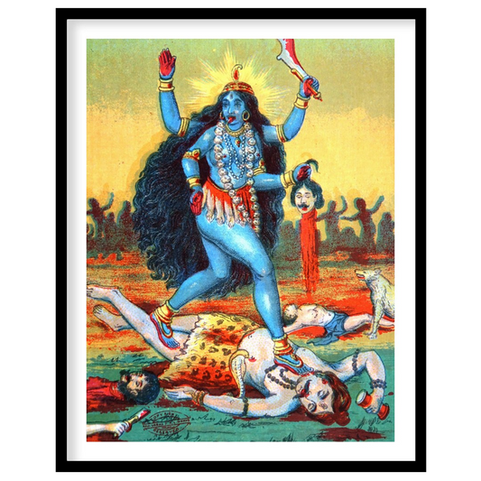 This vibrant artwork captures the powerful presence of Goddess Kali, depicted in bold hues and for kitchen