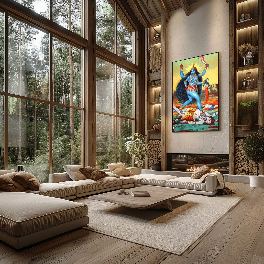This vibrant artwork captures the powerful presence of Goddess Kali, depicted in bold hues and for Living Room