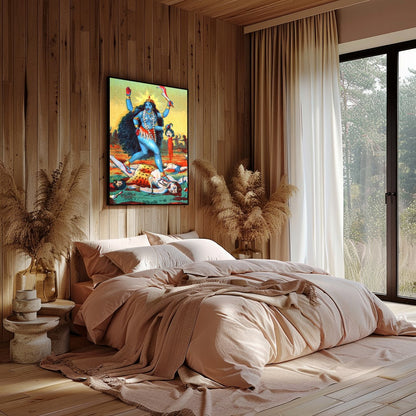 This vibrant artwork captures the powerful presence of Goddess Kali, depicted in bold hues and for Bedroom