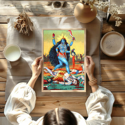 This vibrant artwork captures the powerful presence of Goddess Kali, depicted in bold hues and for room