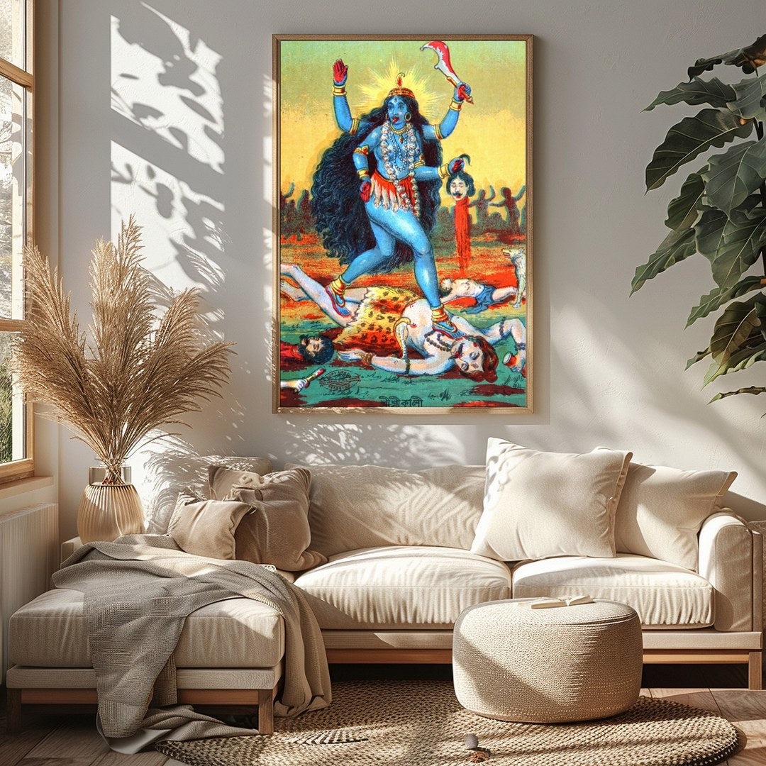 This vibrant artwork captures the powerful presence of Goddess Kali, depicted in bold hues and for Sitting Area