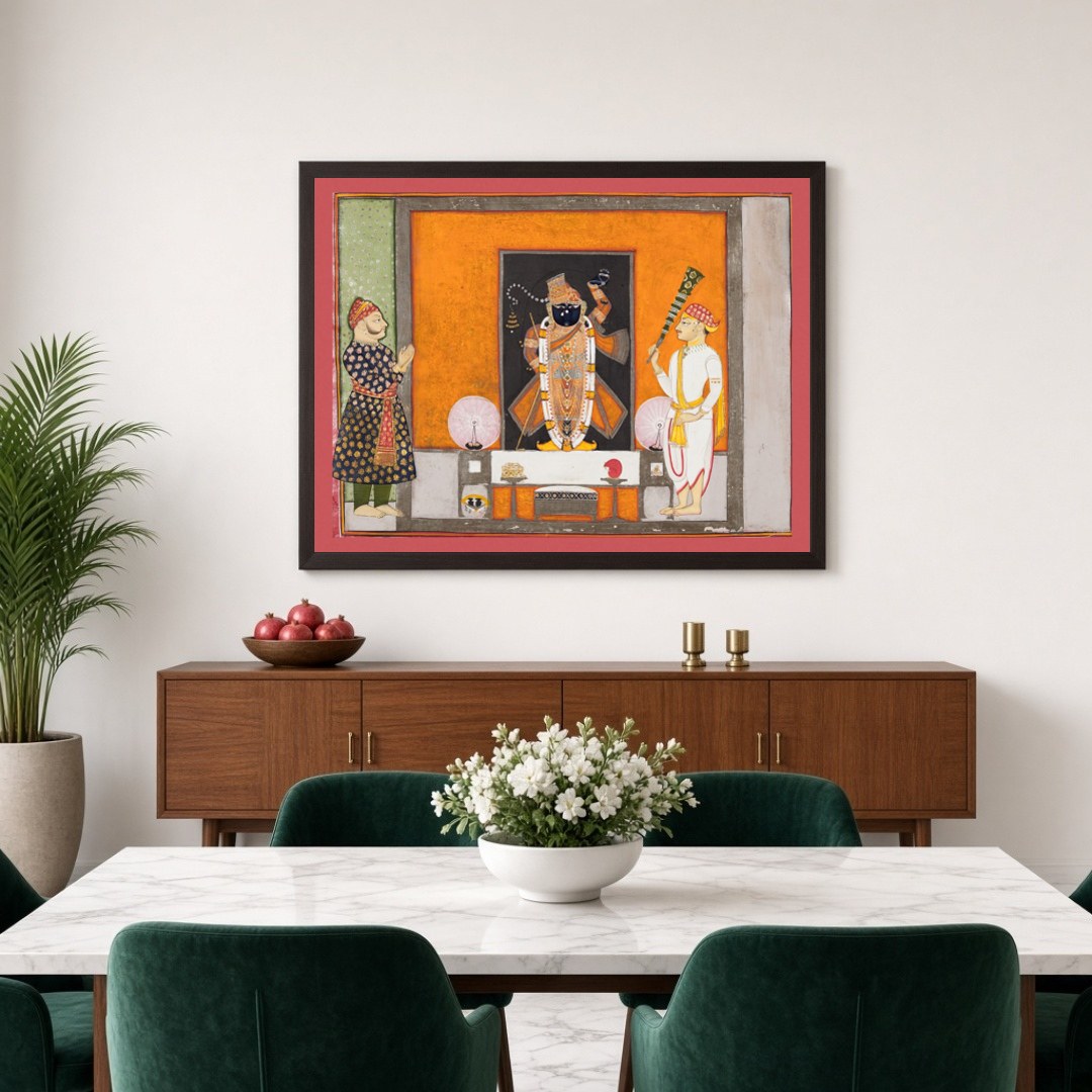 Experience the divine presence of Shrinathji with this exquisite Pichwai art print, capturing his for Dining