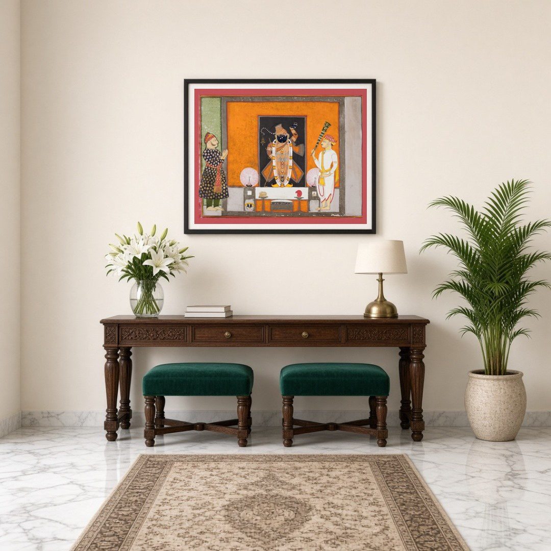Experience the divine presence of Shrinathji with this exquisite Pichwai art print, capturing his for Entrance