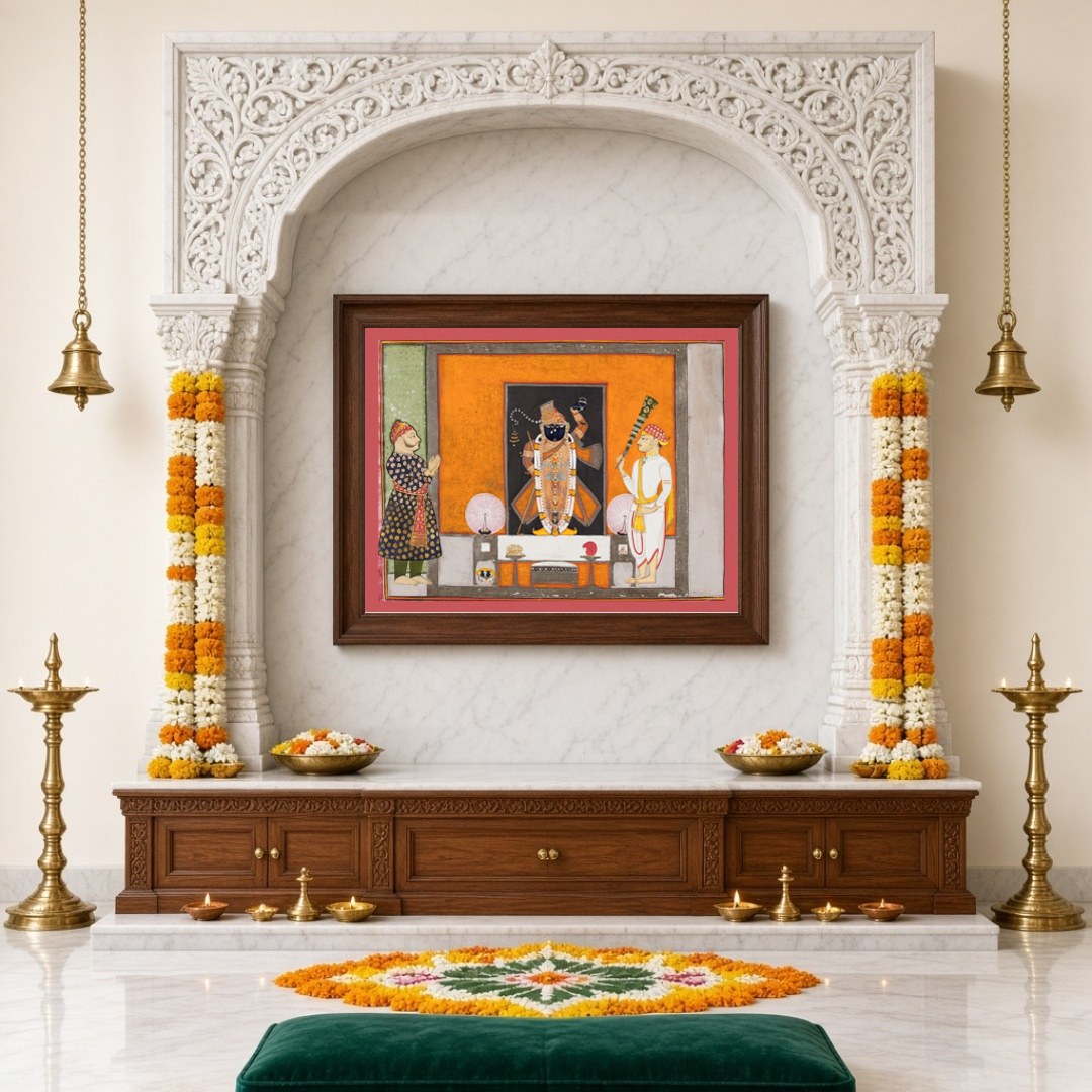 Experience the divine presence of Shrinathji with this exquisite Pichwai art print, capturing his for Home Temple