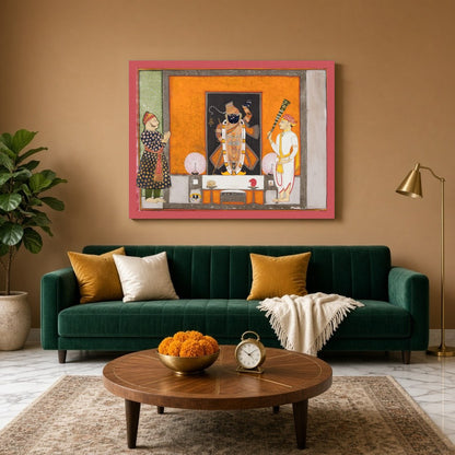 Experience the divine presence of Shrinathji with this exquisite Pichwai art print, capturing his for Living Room