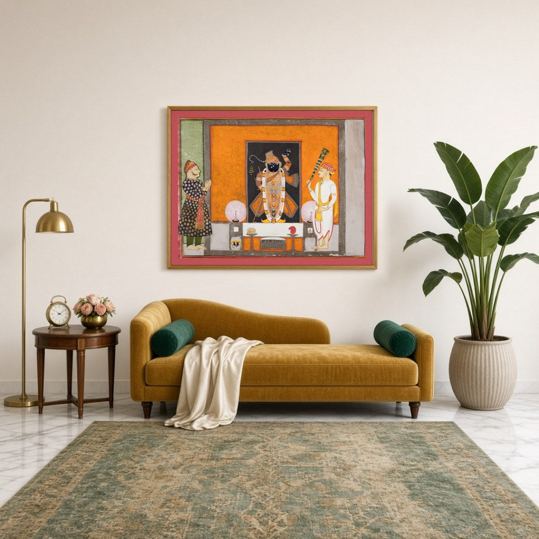 Experience the divine presence of Shrinathji with this exquisite Pichwai art print, capturing his for Sitting Lounge
