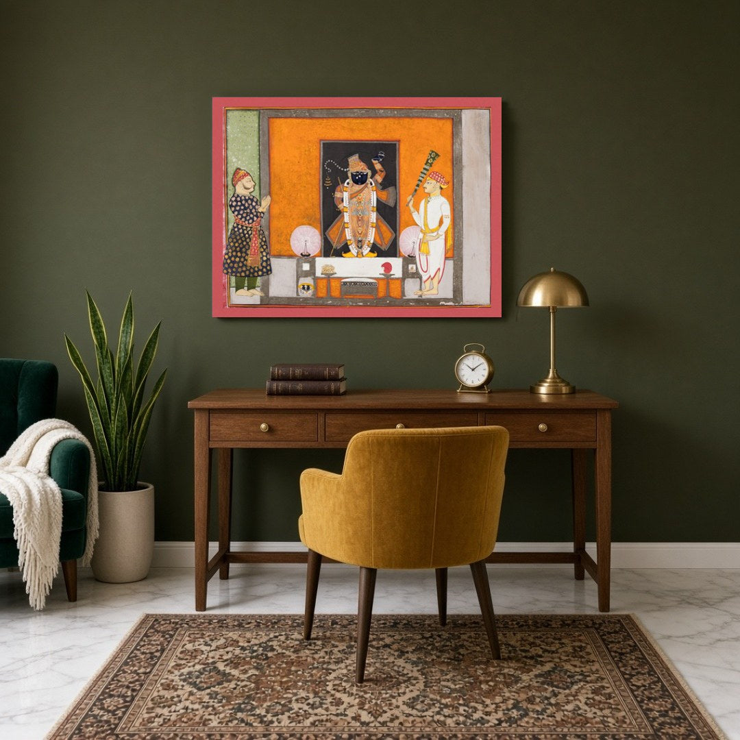Experience the divine presence of Shrinathji with this exquisite Pichwai art print, capturing his for Study