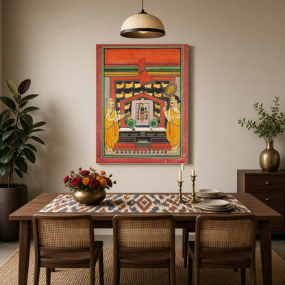 Experience the divine presence of Shrinathji in this exquisite Pichwai artwork, beautifully for Dining