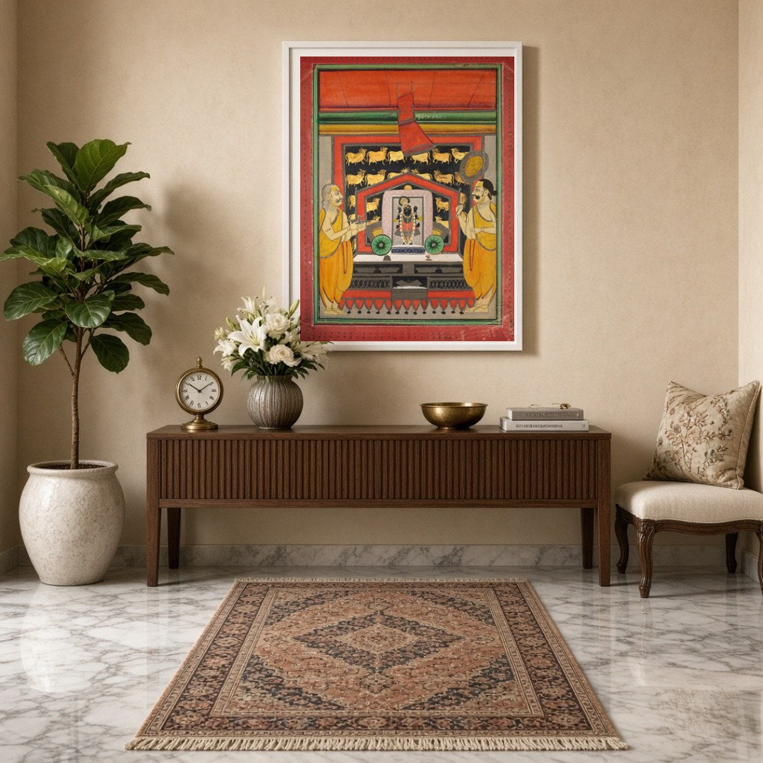 Experience the divine presence of Shrinathji in this exquisite Pichwai artwork, beautifully for Entrance