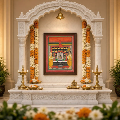 Experience the divine presence of Shrinathji in this exquisite Pichwai artwork, beautifully for Home Temple