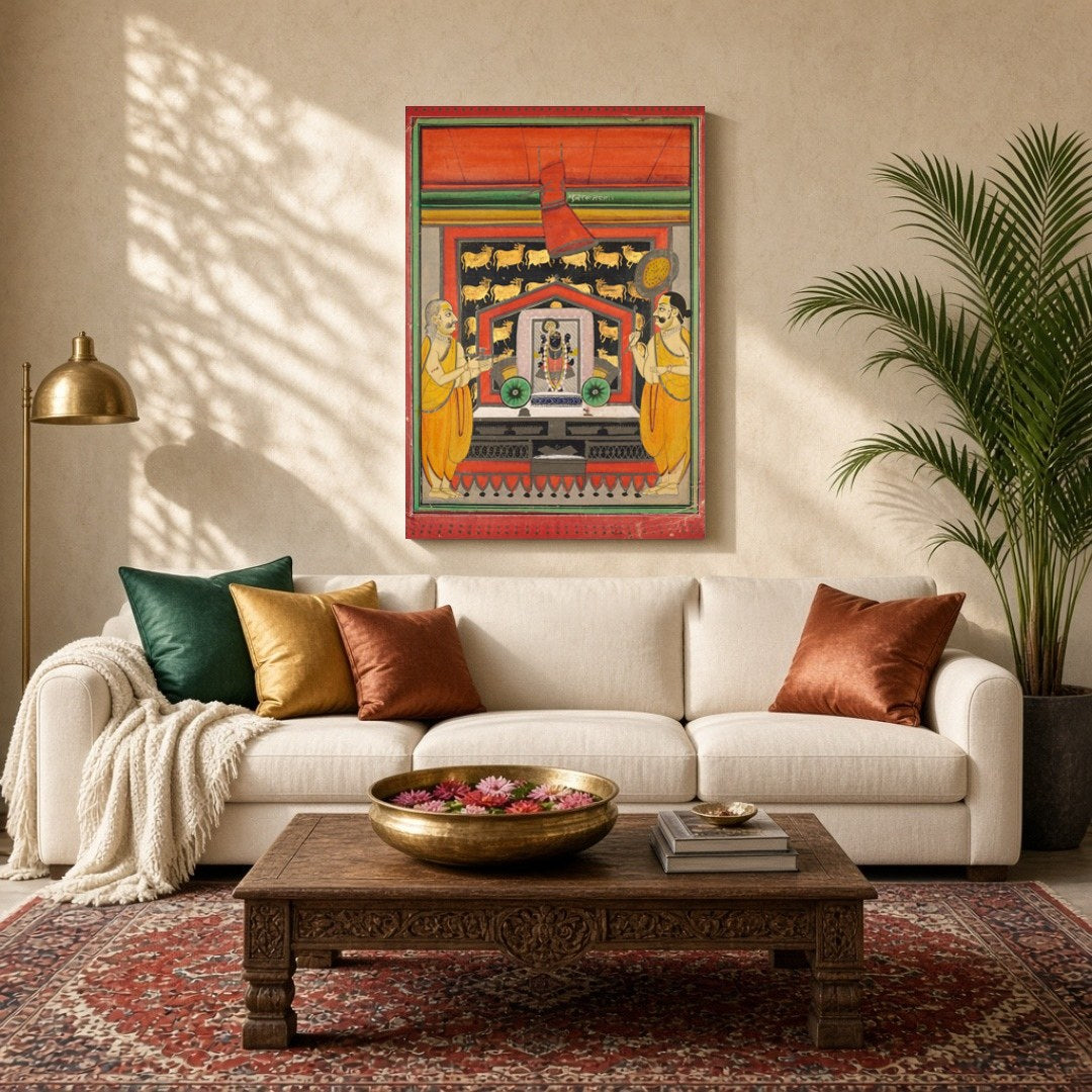 Experience the divine presence of Shrinathji in this exquisite Pichwai artwork, beautifully for Living Room