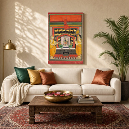 Experience the divine presence of Shrinathji in this exquisite Pichwai artwork, beautifully for Living Room