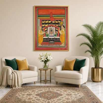 Experience the divine presence of Shrinathji in this exquisite Pichwai artwork, beautifully for Sitting Lounge