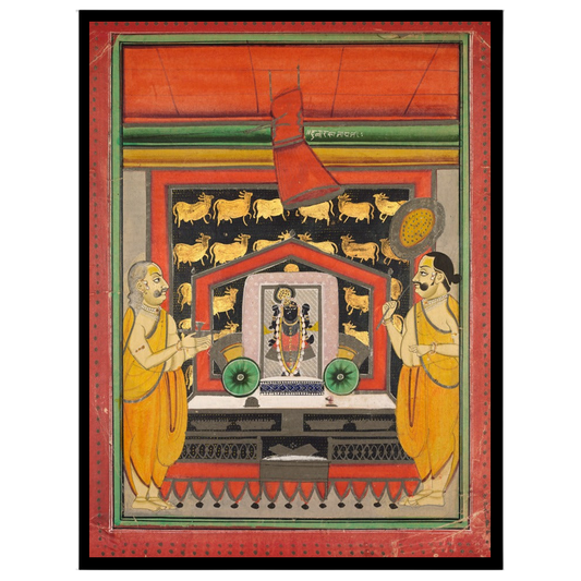 Experience the divine presence of Shrinathji in this exquisite Pichwai artwork, beautifully for space
