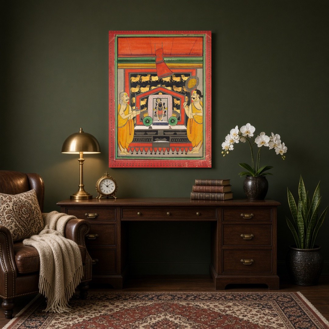 Experience the divine presence of Shrinathji in this exquisite Pichwai artwork, beautifully for Study