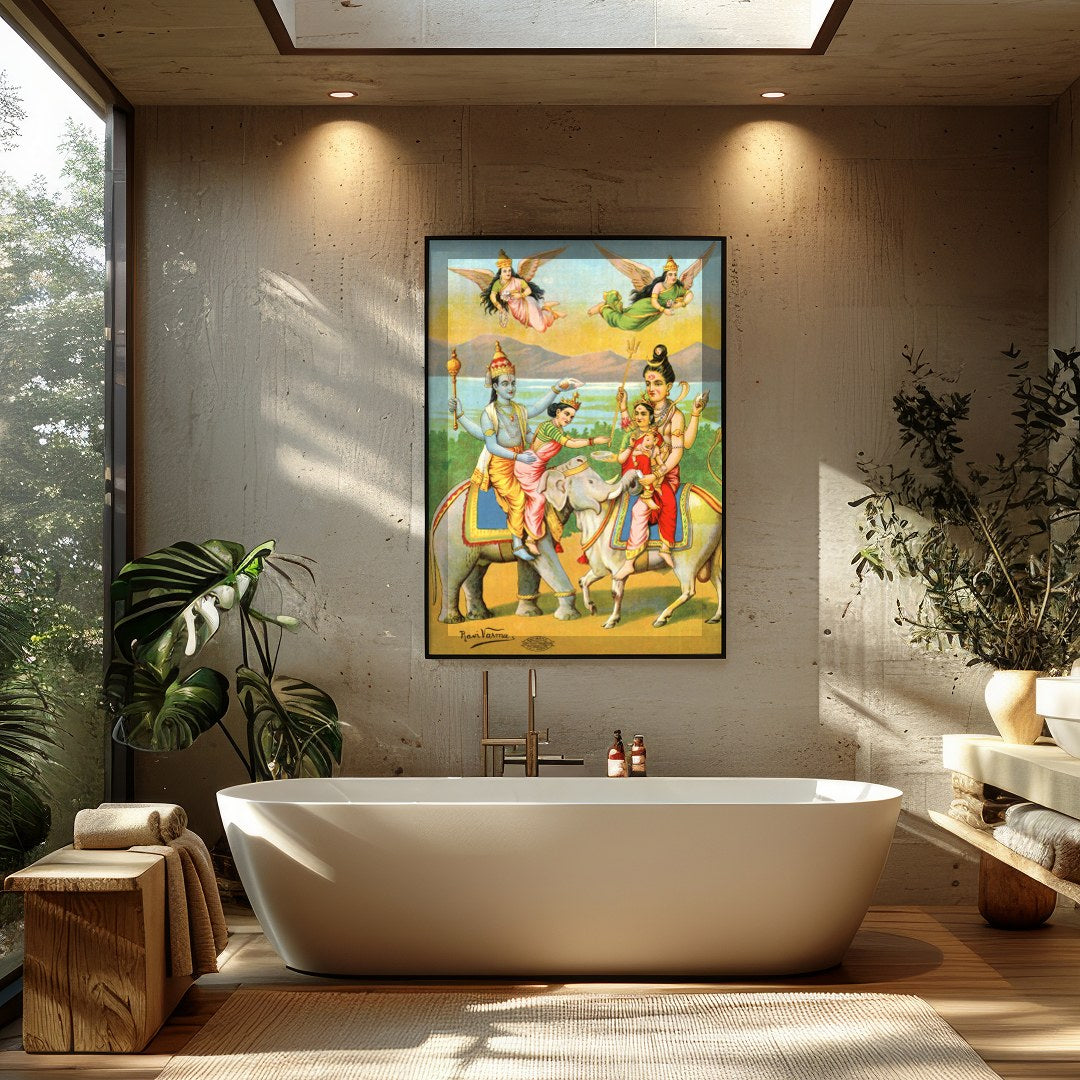 Immerse yourself in the rich tradition of Indian mythology with this vibrant artwork featuring for Bathroom