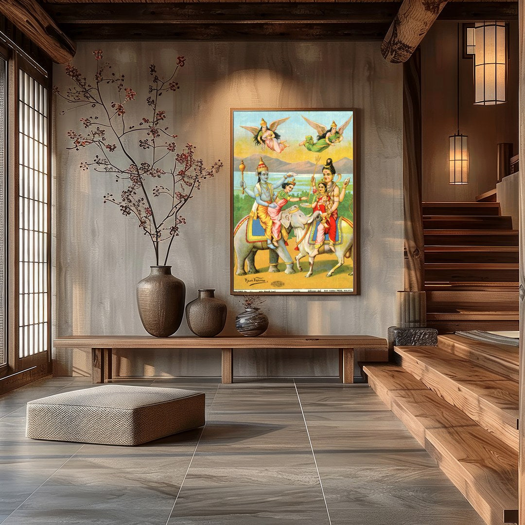 Immerse yourself in the rich tradition of Indian mythology with this vibrant artwork featuring for Hall