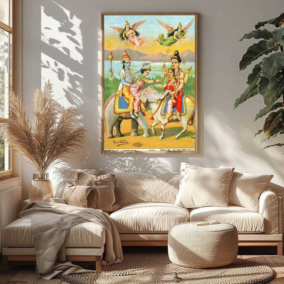 Immerse yourself in the rich tradition of Indian mythology with this vibrant artwork featuring for Sitting Area