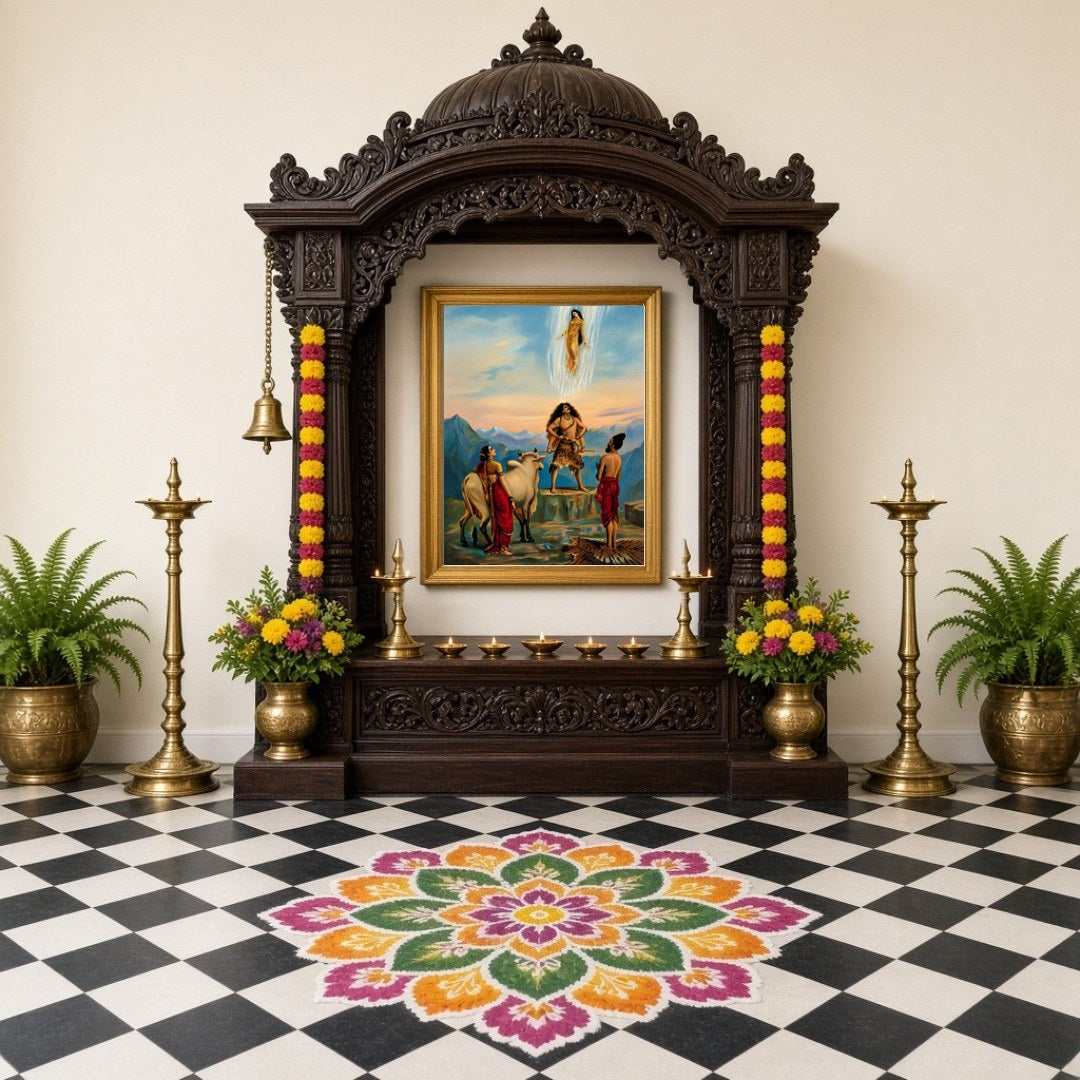 Immerse yourself in the enchanting mythology of India's past with this exquisite artwork depicting for Home Temple