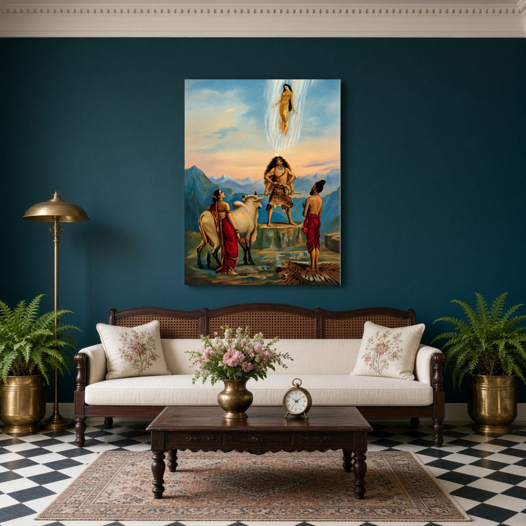 Immerse yourself in the enchanting mythology of India's past with this exquisite artwork depicting for Living Room