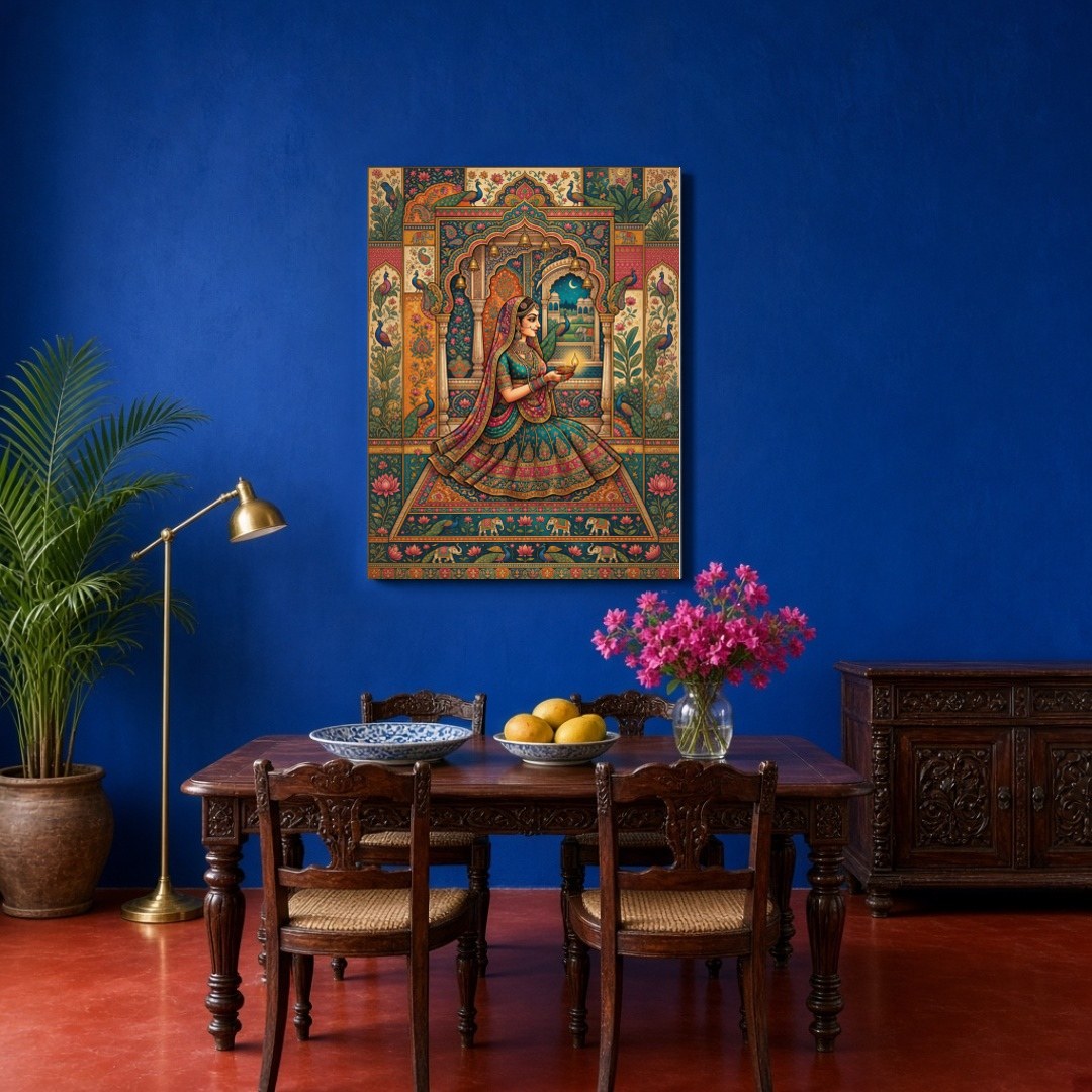 Celebrate the serene beauty and spiritual devotion of this captivating Pichwai art piece. A for Dining