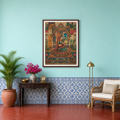 Celebrate the serene beauty and spiritual devotion of this captivating Pichwai art piece. A for Entrance