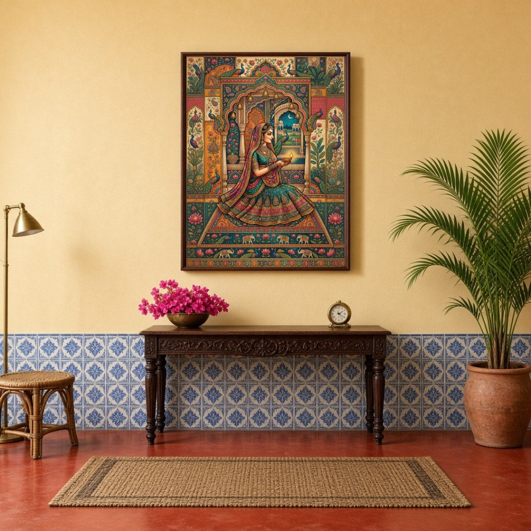 Celebrate the serene beauty and spiritual devotion of this captivating Pichwai art piece. A for Hallway