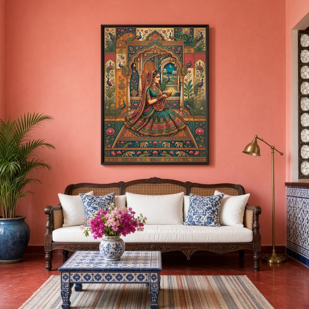 Celebrate the serene beauty and spiritual devotion of this captivating Pichwai art piece. A for Living Room