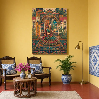 Celebrate the serene beauty and spiritual devotion of this captivating Pichwai art piece. A for Sitting Area