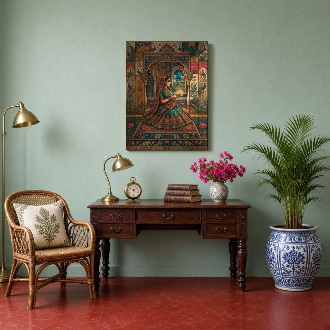 Celebrate the serene beauty and spiritual devotion of this captivating Pichwai art piece. A for Study