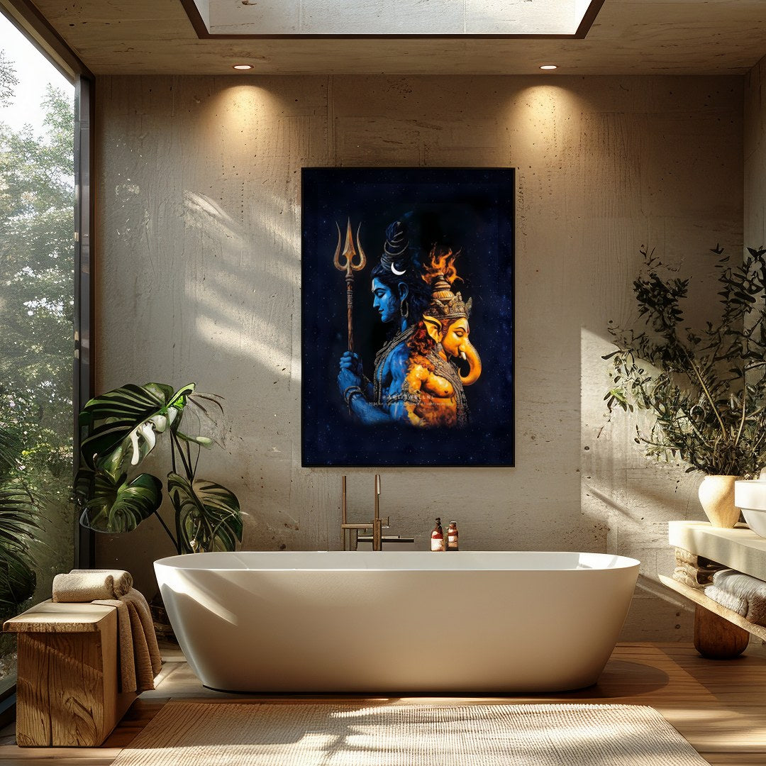 Immerse yourself in the spiritual depth of this captivating artwork featuring the majestic figures for Bathroom