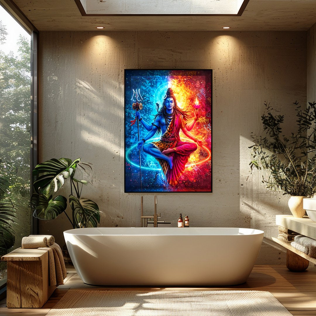 Experience the mystical balance of cosmic forces with 'Divine Duality'. This vibrant piece depicts for Bathroom