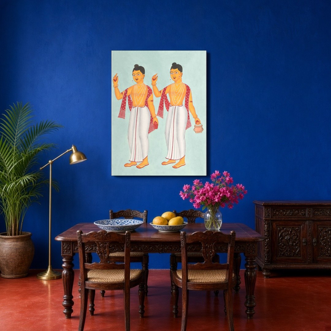Celebrate spirituality with this striking Kalighat artwork featuring the revered figures Gaur and for Dining