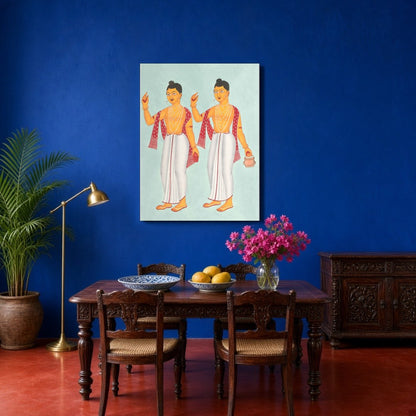 Celebrate spirituality with this striking Kalighat artwork featuring the revered figures Gaur and for Dining