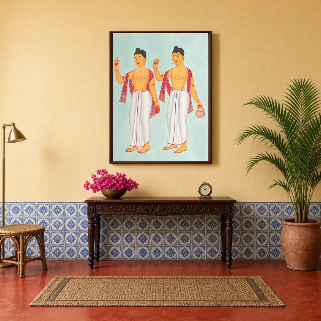 Celebrate spirituality with this striking Kalighat artwork featuring the revered figures Gaur and for Hallway