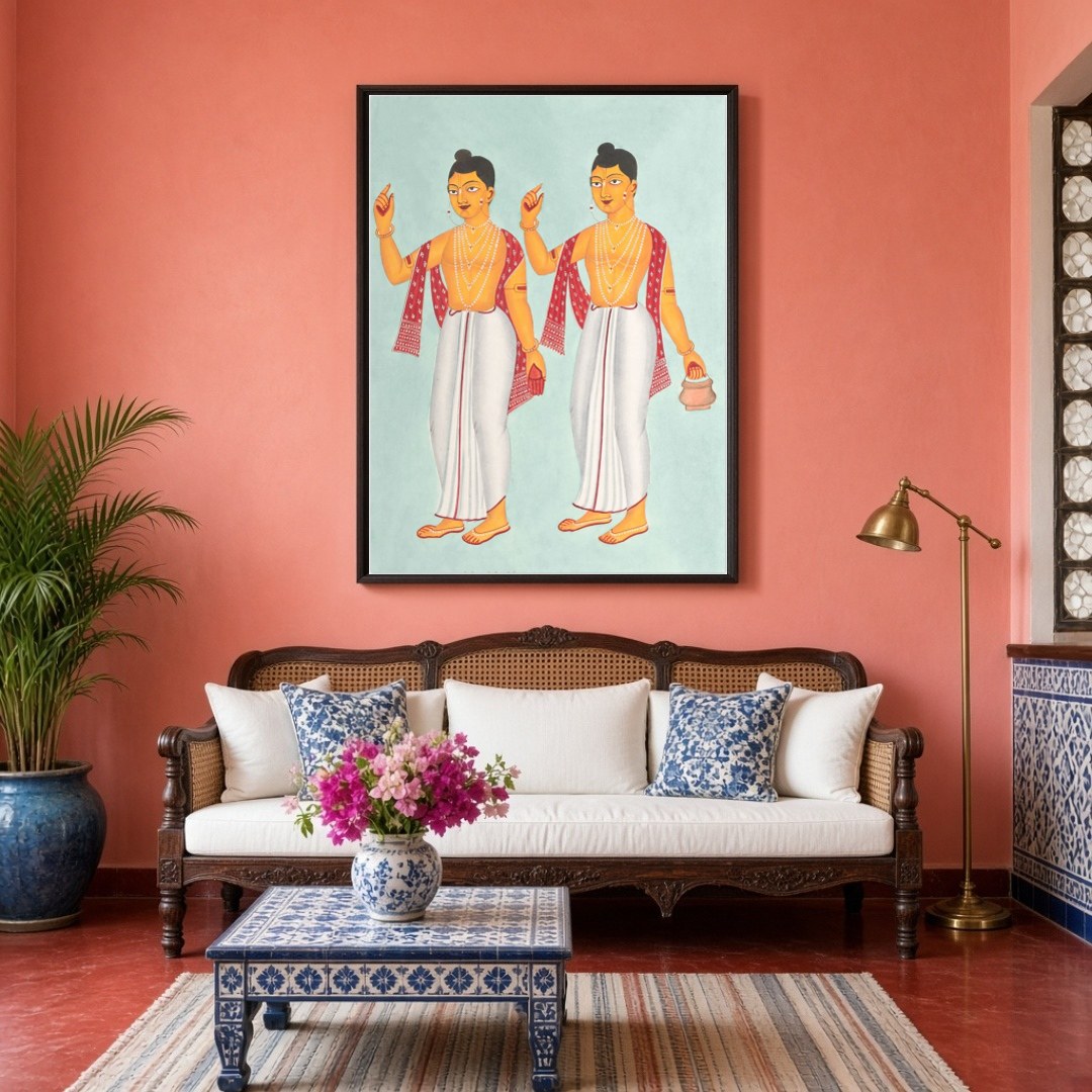 Celebrate spirituality with this striking Kalighat artwork featuring the revered figures Gaur and for Living Room