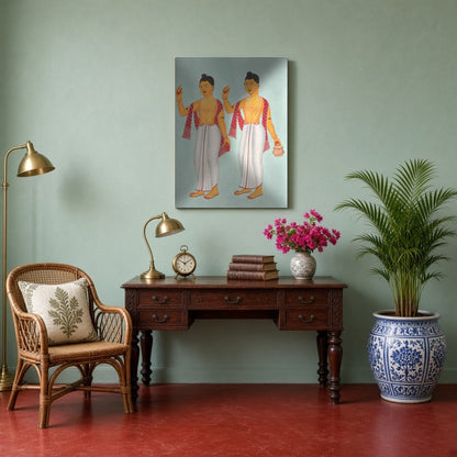 Celebrate spirituality with this striking Kalighat artwork featuring the revered figures Gaur and for Study